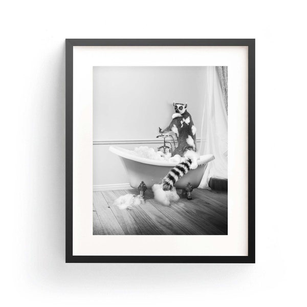 Lemur in a Tub Wall Decor Bathroom Lemur Taking Shower Cute Lemur Poster Kids Bathroom Art Instant Download