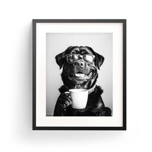 ロットワイラーコーヒーウォールアート 白黒プリント ロットワイラーバーカートプリント 犬ギフト 面白い犬のポスター バーアート 装飾 キッチン デジタルダウンロード
