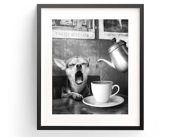 Vintage Chihuahua, plakat z psem, kawa dla psów, fotografia vintage, wydruk fotograficzny, zabawny wydruk artystyczny do kuchni, wystrój jadalni