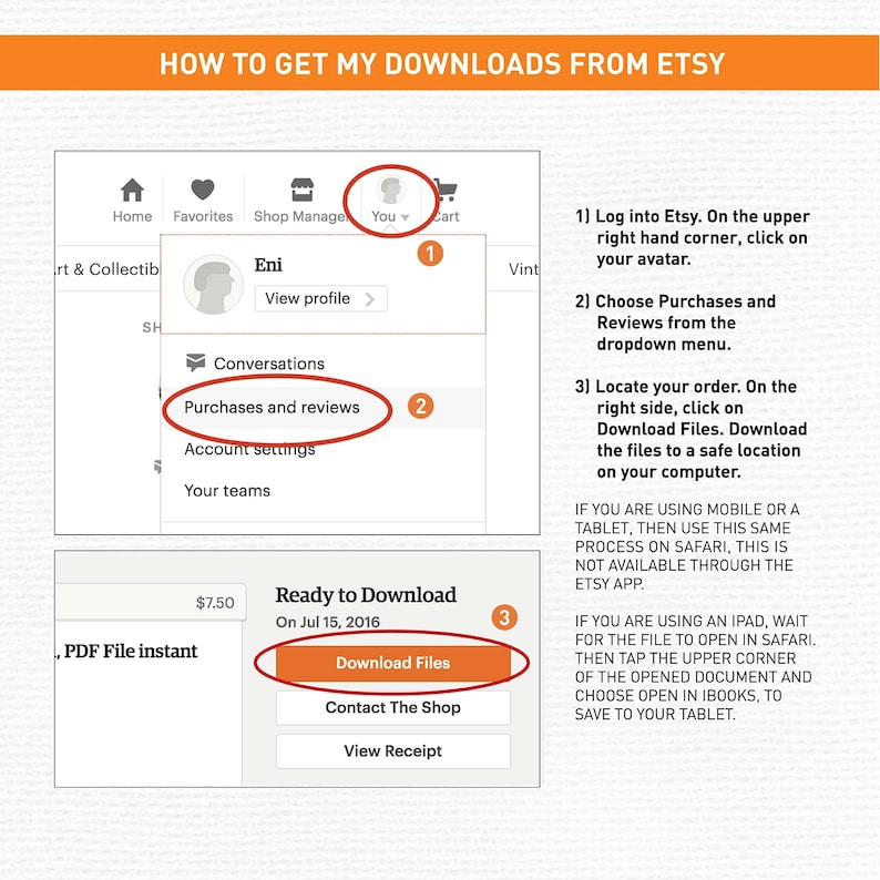 May include: An instructional graphic titled HOW TO GET MY DOWNLOADS FROM ETSY. It features two screenshots showing the Etsy interface with numbered red circles highlighting the steps to access digital purchases and click the Download Files button.