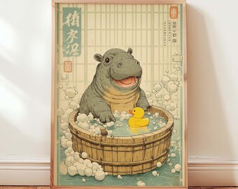 Pygmy Nilpferd Badezimmer Kunstdruck, japanisches Ukiyo-e Wanddekor, Baby Nilpferd Schaumbad Poster, Moo Deng Fan Kunstdruck, digitaler Download