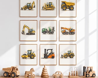Juego de láminas decorativas para guardería con temática de vehículos de construcción, ideales para la habitación de un niño o un bebé (descarga digital).