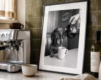 Yawning Dachshund Art Print, Dog Café Scene, Black White Poster (Digital Download)