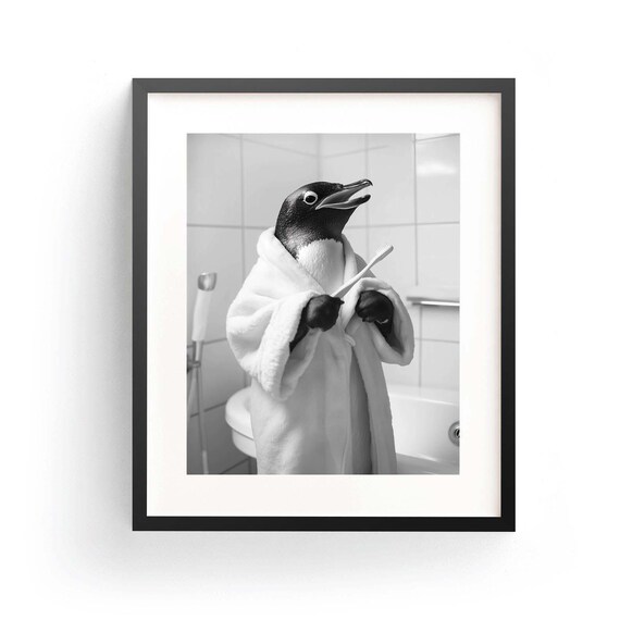 Decorazione murale per bagno con pinguini, pinguini nella vasca da bagno, decorazioni per il bagno per bambini, animali nella vasca da bagno, decorazioni per il bagno in bianco e nero - STAMPA