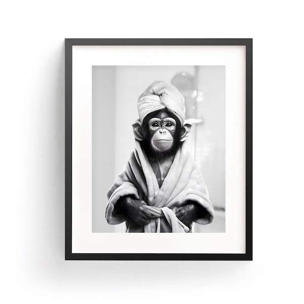 Chimp In Bathrobe Chimp Art Print Chimpanzee Art Chimp Bathroom Art Funny Chimp Art Kids Bathroom Art Whimsy Animal Bath Time Art