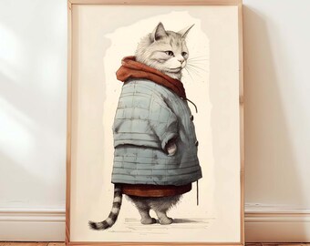 Feline Winter Art Print, Cozy Cat Wonderland Drawing (Digital Download)