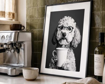 Impression d'art Goldendoodle, affiche de café drôle de chien, art mural noir et blanc (téléchargement numérique)
