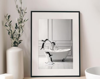 Lámina decorativa de pingüinos en la bañera, decoración de baño original (descarga digital)