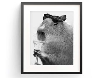 Capybara Cocktail Art Print, Funny Animal Black and White Poster (Digital Download)