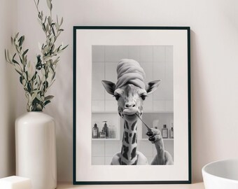 Funny Giraffe Brush Teeth Art Print, Whimsical Animal Bathroom Wall Art (Digital Download)