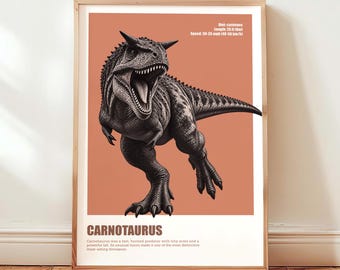 Póster de dinosaurio Carnotaurus, arte mural de Carnotaurus, lámina de dinosaurio, decoración de habitación de dinosaurios, arte de dinosaurios para niños, decoración de habitación de niños, descarga digital