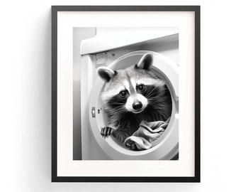 Raccoon Laundry Room Art Print, Funny Animal Wall Decor (Digital Download)