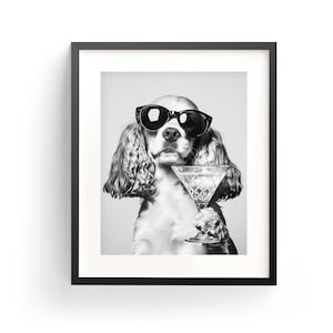 Cocker Spaniel Cocktail Wand Kunst Schwarz Weiß Druck Cocker Spaniel Bar Cart Print Hundeliebhaber Geschenk Lustiger Hund Poster Bar Dekor Küche Dekor