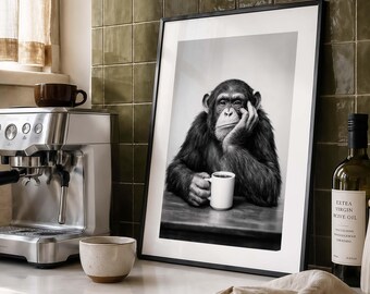 Chimpanzee Coffee Art Print, Black and White Primate Wall Decor (Digital Download)