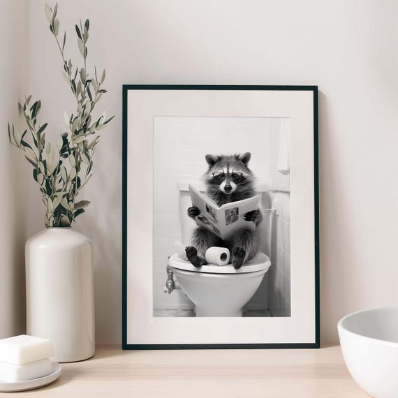 Raccoon Bathroom Funny Raccoon Art Bathroom Animal Art Raccoon Wall Decor Funny Bathroom Art Animal Bathroom Art Raccoon Reading Quirky