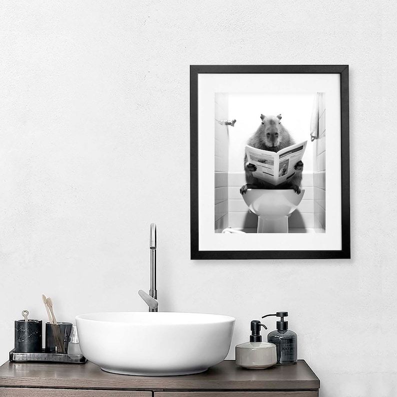 Capybara Reading Newspaper Bathroom Art Print (Digital Download) image 4