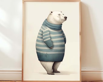 Lámina de oso polar invernal, arte de pared con suéter a rayas (descarga digital)