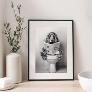 May include: A black and white framed wall art print featuring a long-eared dog wearing glasses while sitting on a white toilet and reading a newspaper. The dog is positioned in front of a tiled wall, captured in a humorous, high-contrast monochrome style.