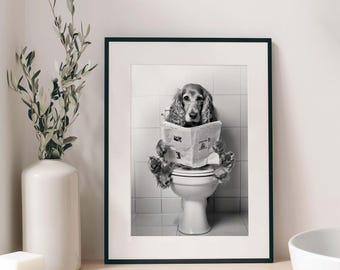 Cocker Spaniel Bathtime Print, Funny Dog Toilet Art (Digital Download)