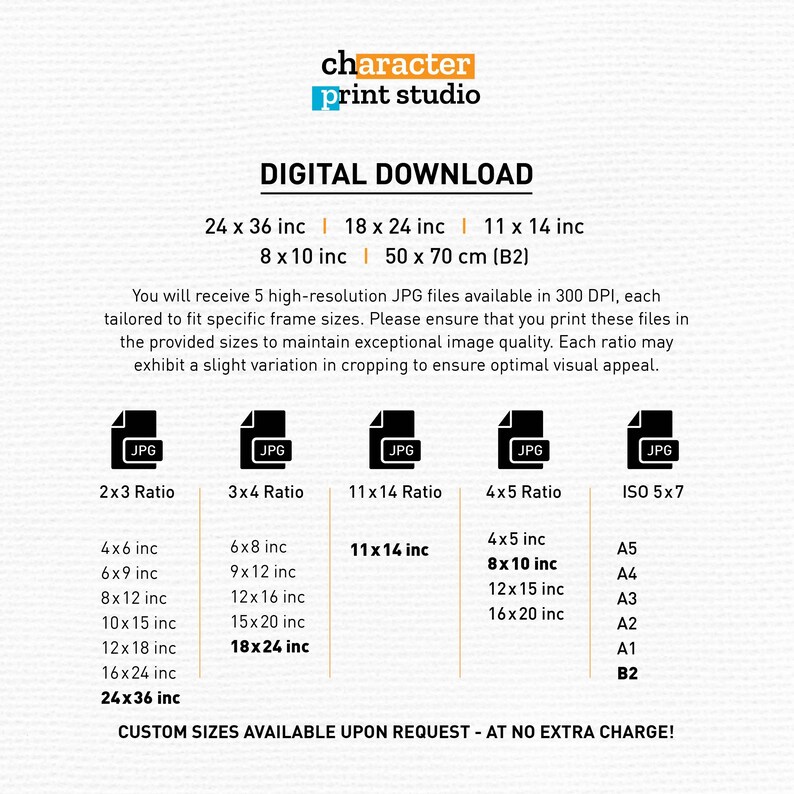 May include: A digital download information sheet from character print studio. It lists five high-resolution JPG files in sizes 24x36 inches, 18x24 inches, 11x14 inches, 8x10 inches, and 50x70 cm. It details various aspect ratios and paper sizes for printing.