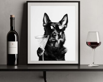 German Shepherd Cocktail Art Print, Funny Dog Bar Wall Art (Digital Download)