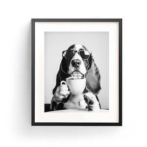 バセットハウンド コーヒー ウォールアート 白黒プリント バセットハウンド バーカートプリント 犬ギフト 面白い犬のポスター バー装飾 キッチン装飾 犬好き