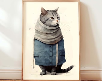 Cozy Winter Cat Art Print, Whimsical Feline Wonderland, Animal Drawing (Digital Download)