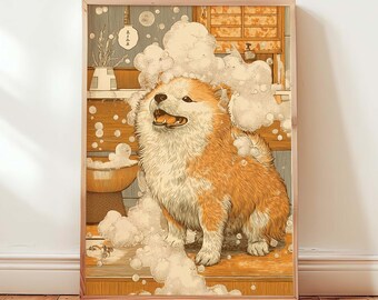 Shiba Inu Badezimmer Kunstdruck, Japanisches Ukiyo-e Wanddekor, flauschiger Shiba Nach dem Bad Poster, lustiger Hund Badezimmer Druck, digitaler Download