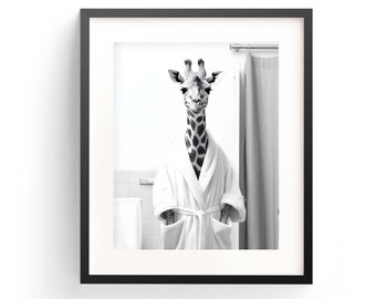 Funny Giraffe in Robe Art Print, Whimsical Animal Bathroom Wall Art (Digital Download)