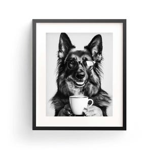 ジャーマンシェパードコーヒーウォールアート 白黒プリント ジャーマンシェパードバーカートプリント 犬好きへのギフト 面白い犬のポスター バー装飾 キッチン装飾