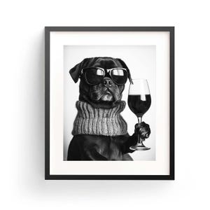 パグル犬ワインウォールアート 白黒プリント パグルバーカートプリント 犬好きへのギフト おもしろ犬ポスター バーアート 装飾 キッチン デジタルダウンロード