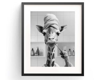 Lustiger Giraffen-Zähneputz-Kunstdruck, skurrile Tier-Wanddeko fürs Badezimmer (Digitaler Download)