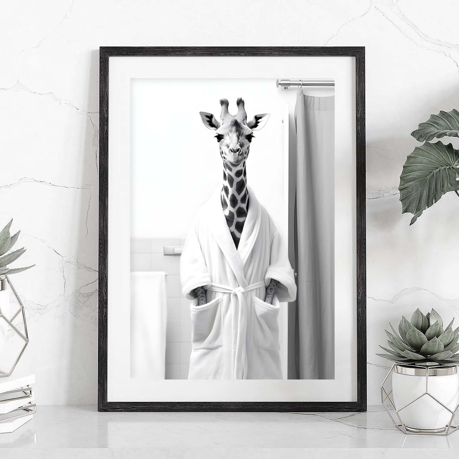 Funny Giraffe in Robe Art Print, Whimsical Animal Bathroom Wall Art ...