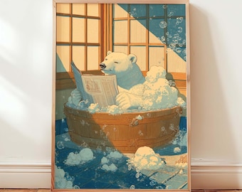 Eisbär Badezimmer Kunstdruck, Japanisches Ukiyo-e Wanddekor, Bär Lies Zeitung Bad Poster, Lustiges Tier Schaumbad Print