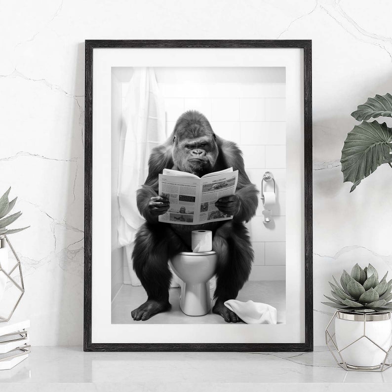 May include: A black and white photograph of a gorilla sitting on a toilet in a bathroom, reading a newspaper.