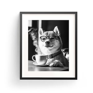 柴犬のコーヒーウォールアート（白黒プリント）、柴犬のバーカートプリント、犬のギフト、面白い犬のポスター、バーの装飾、キッチンの装飾、デジタルダウンロード