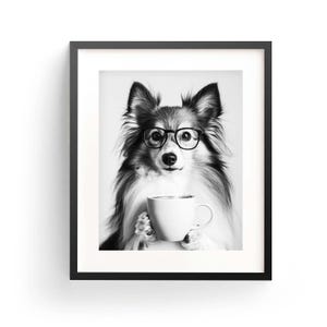 シェットランドシープコーヒーウォールアート 白黒プリント シェットランドシープ バーカートプリント 犬好きへのギフト おもしろ犬ポスター バー装飾 キッチン装飾