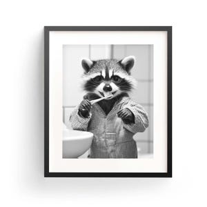 Raccoon Bathrobe Brushing Teeth Funny Raccoon Wall Art Bathroom Art Cute Raccoon Print Quirky Animal Humor Funny Animal Bathtub Nursery Art