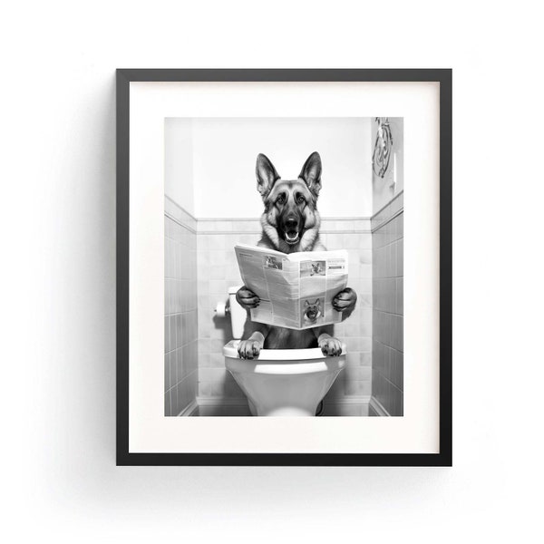 German Shepherd Funny Bathroom German Shepherd Art German Dog Poster German Shepherd Cute Kids Bathroom Whimsy Animal Art Funny Dog Reading