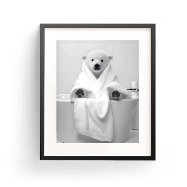 Polar Bear in Bathrobe Polar Bear Print Polar Bear Art Baby Polar Bear Funny Polar Bear Kids Bathroom Art Polar Bear Animal Bath Time Art