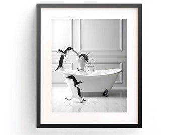 Penguins in Tub Art Print, Whimsical Bathroom Decor (Digital Download)