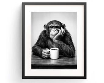Schimpanse Kaffee Art Print, schwarz weiss Primaten-Wand-Dekor (Digitaler Download)
