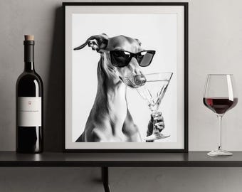 Greyhound Cocktail Print, Funny Dog Black and White Art (Digital Download)