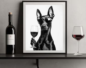 Art du vin Doberman, impression chien noir et blanc (téléchargement numérique)