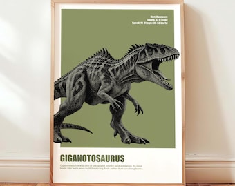 Póster de dinosaurio Giganotosaurus, arte mural de Giganotosaurus, lámina de dinosaurio, decoración de habitación de dinosaurio, arte de dinosaurio para niños, decoración de habitación para niños