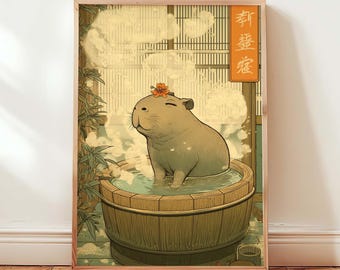 Capybara Onsen Kunstdruck, japanisches Ukiyo-e Wanddekor, entspannendes Capybara Badezimmer Poster, lustiges Tierbad Druck, digitaler Download