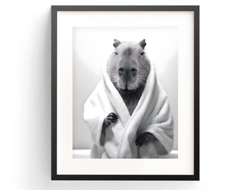 Capybara In Bathrobe Art Print, Funny Animal Bathroom Wall Decor (Digital Download)