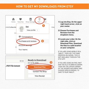 May include: An instructional graphic titled HOW TO GET MY DOWNLOADS FROM ETSY. It features two screenshots showing the Etsy interface with numbered red circles highlighting the steps to access digital purchases and click the Download Files button.