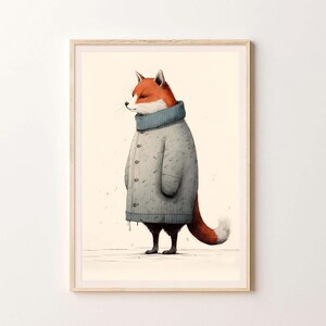 May include: A framed wall art print featuring an illustration of a fox with orange and white fur wearing a long, oversized, light gray knit sweater with a high collar and dark buttons, standing against a plain, light cream-colored background.