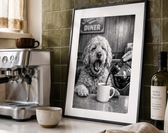 Goldendoodle Yawning Dog Art, Funny Coffee Diner Print (Digital Download)